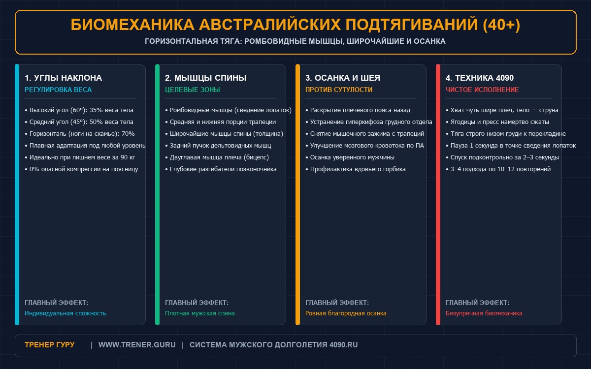 Австралийские подтягивания на низкой перекладине для мужчин 40 лет — биомеханика и анатомия мышц спины
