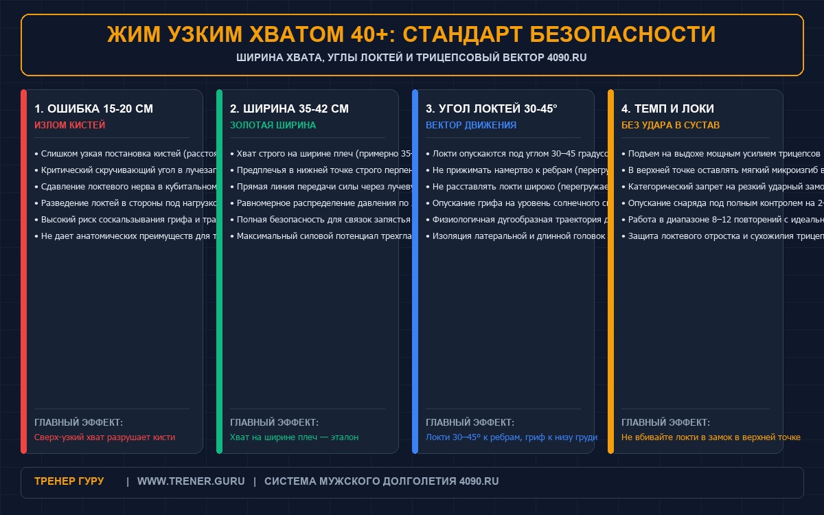 Жим штанги узким хватом после 40 лет биомеханика и хват
