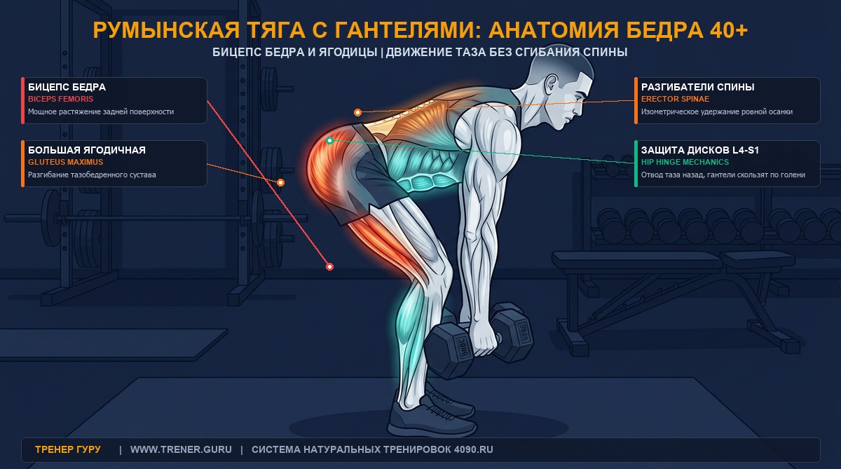 Анатомическая схема румынской тяги с гантелями: бицепс бедра, ягодицы и паттерн Hip Hinge