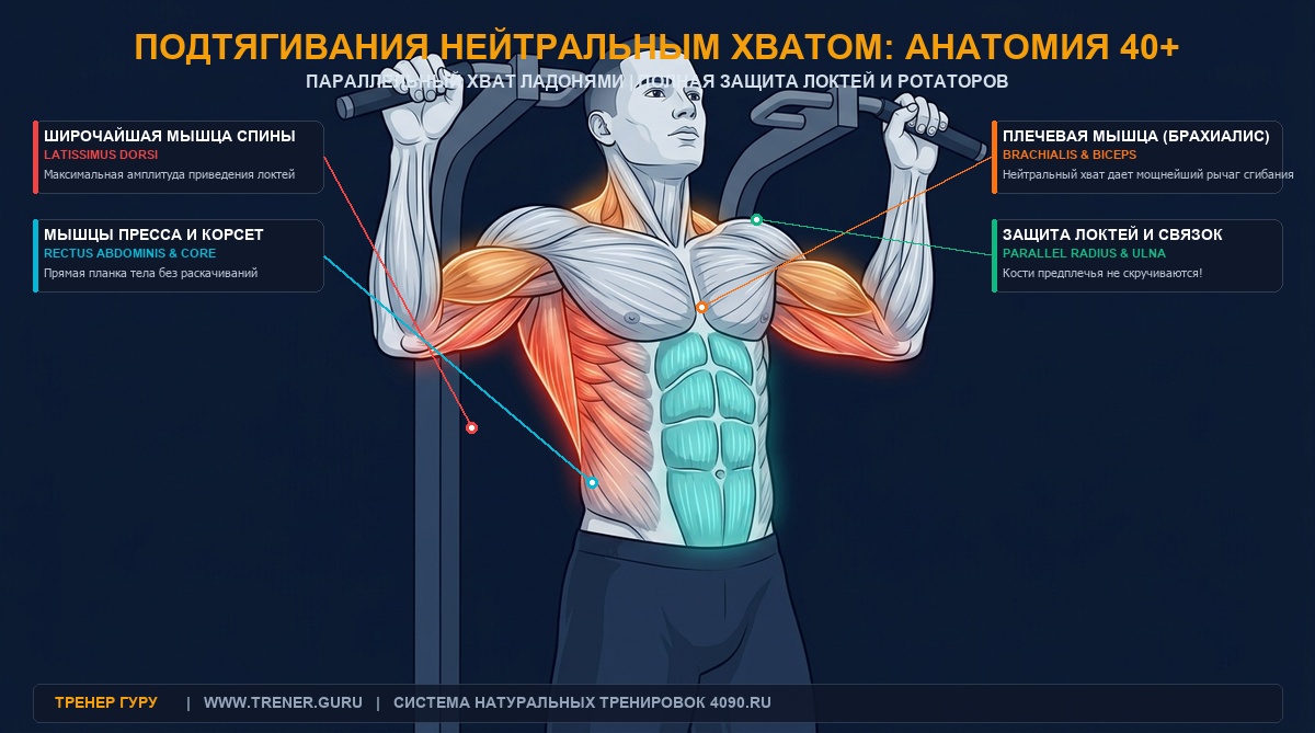 Анатомическая схема подтягиваний нейтральным хватом: широчайшие, брахиалис, защита локтей и плеч