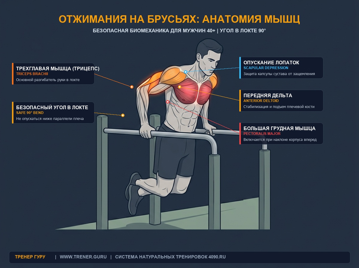 Анатомия мышц при отжиманиях на брусьях — схема мышечной активации и безопасный угол