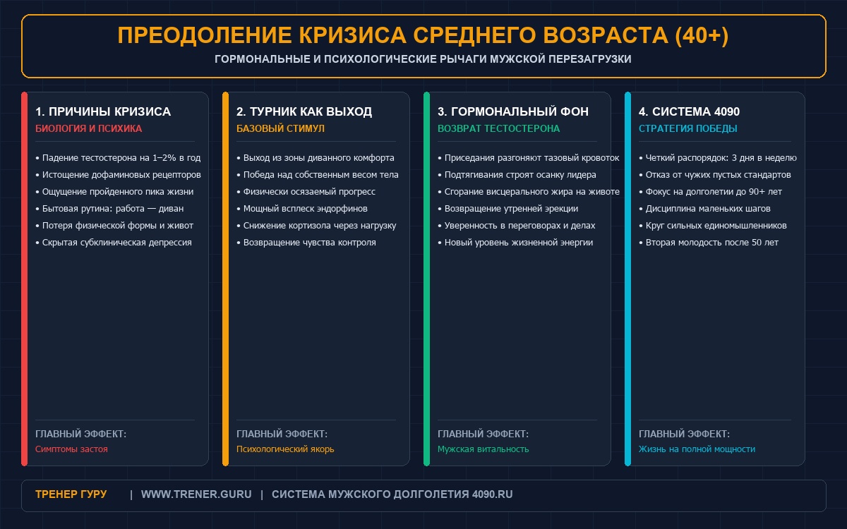 Кризис среднего возраста у мужчин после 40 лет — гормоны, психология и перезагрузка через спорт