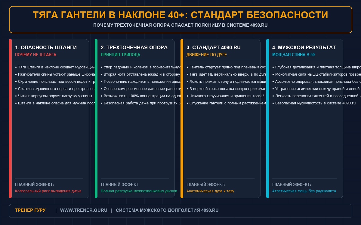 Инфографика: Тяга гантели в наклоне одной рукой после 40 лет техника и безопасность
