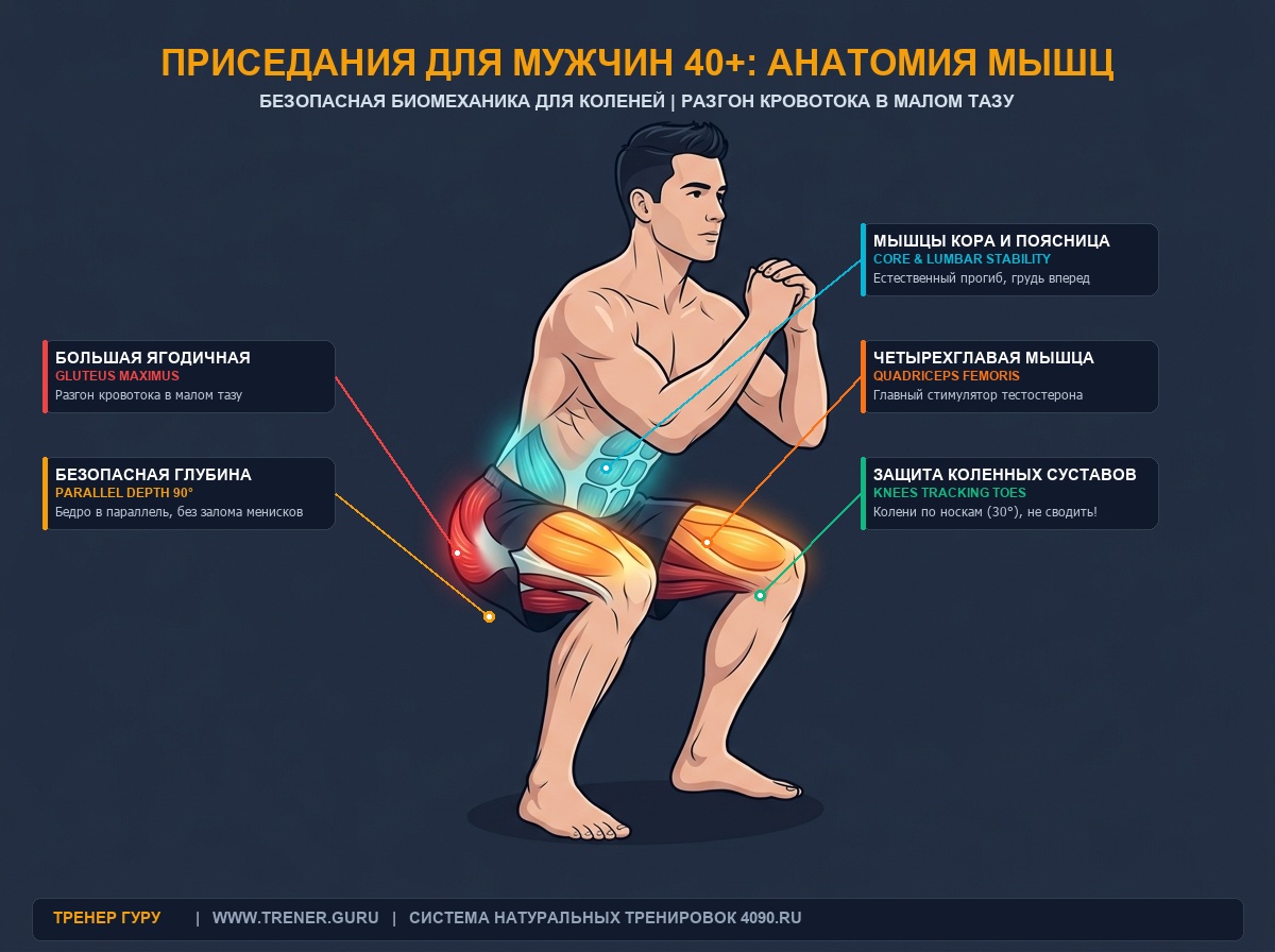 Анатомия мышц при приседаниях — схема активации квадрицепсов, ягодиц и защита коленей