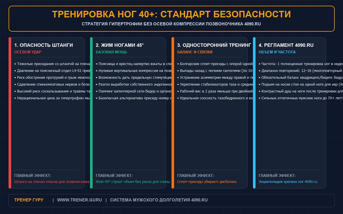 Инфографика 4090.ru: как накачать ноги после 40 лет без осевой перегрузки позвоночника