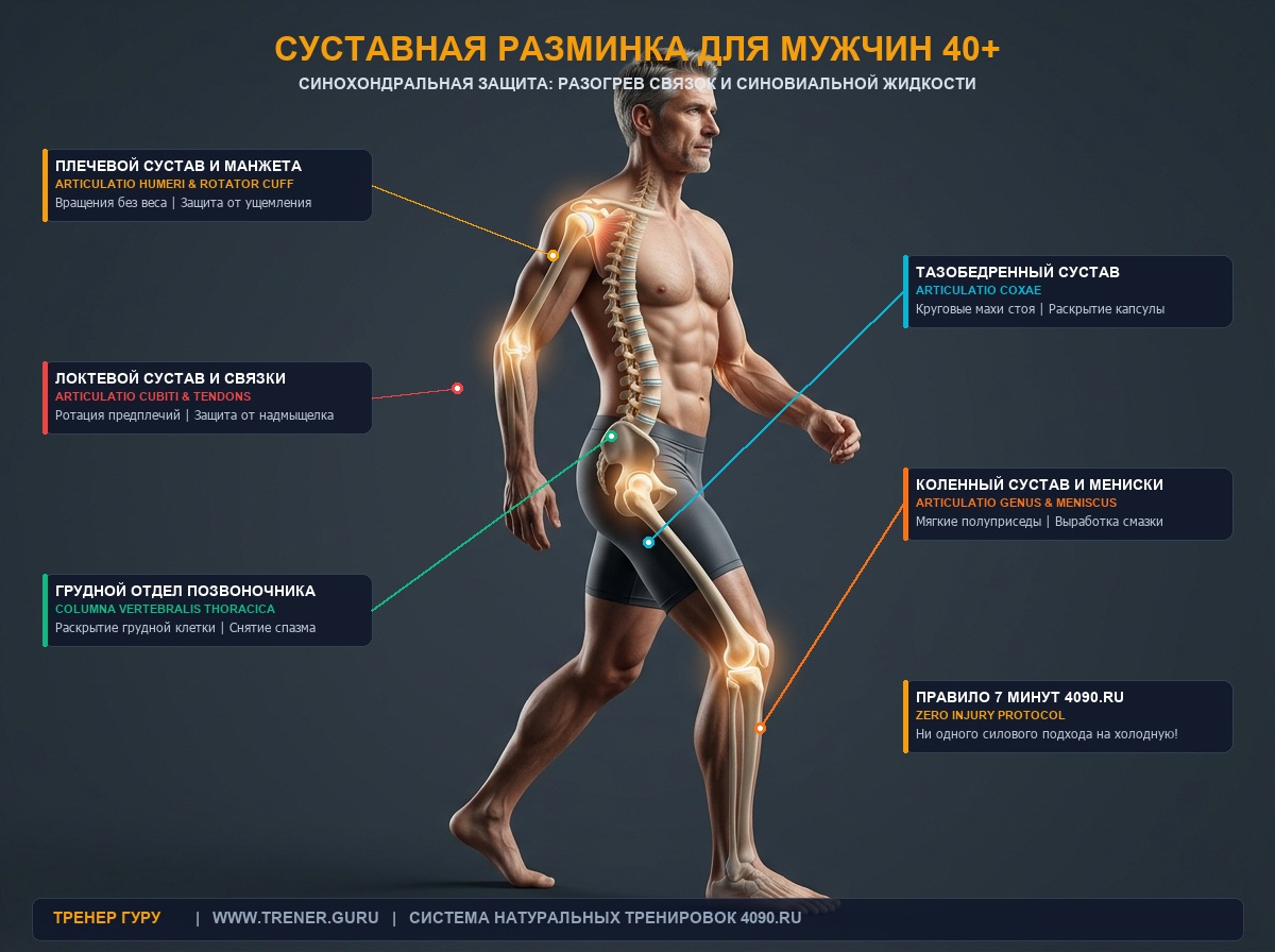 Анатомия суставов и разминка для мужчин после 40 лет — плечи, локти, позвоночник и колени
